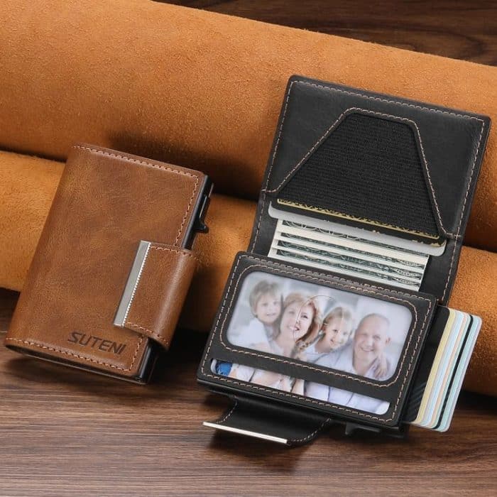 Suteni oil wax-patterned left and right buckle buttons automatically pop out the card box – Bild 2