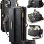CaseMe C39 RFID Blocking Zipper Wallet Leather Phone Case with Crossbody Strap, For iPhone 13, For iPhone 13 mini, For iPhone 12 Pro Max, For iPhone 12 / 12 Pro