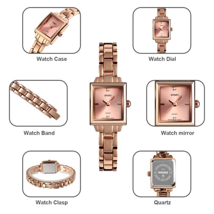 SKMEI 1407 Business-Modeuhr mit Diamanten. Zarte und elegante quadratische Quarzuhr aus Zinklegierung für Damen, Rose Gold, Silvery – Bild 8