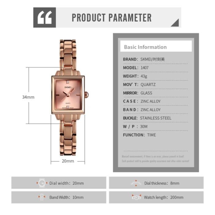 SKMEI 1407 Business-Modeuhr mit Diamanten. Zarte und elegante quadratische Quarzuhr aus Zinklegierung für Damen, Rose Gold, Silvery – Bild 10