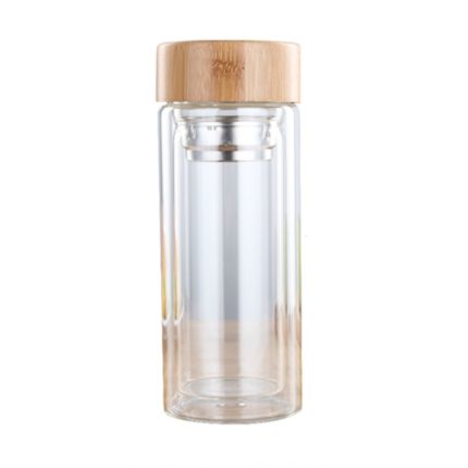 Glas-Wasser-Teeflaschen mit Teesieb, Bambusdeckel, doppelwandige kurze tragbare Outdoor-Flasche, 350ML, 450ML