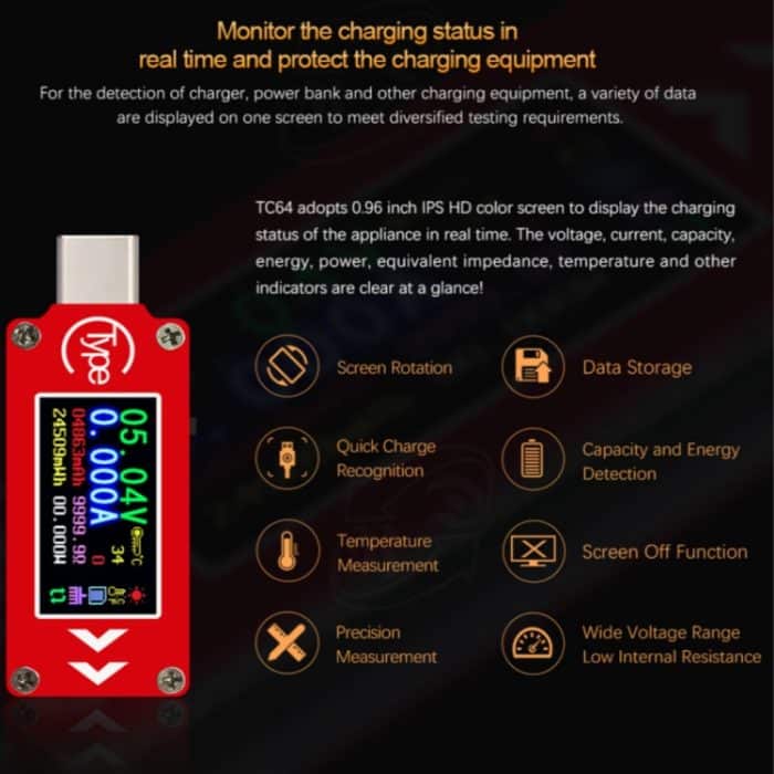 TC64 Farbe Ccreen PD Fast Charge Erkennung Typ-C-Spannung Strom-Meter Prüfvorrichtung – Bild 8