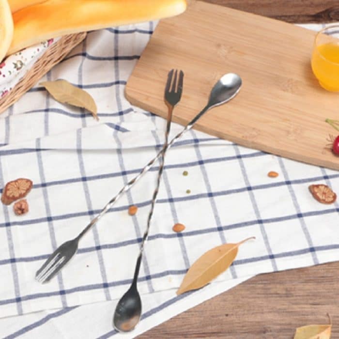 2 PCS Edelstahl Langgriff Gabel Löffel Cocktail Eisrührer Doppelkopf Weinmischstab – Bild 7