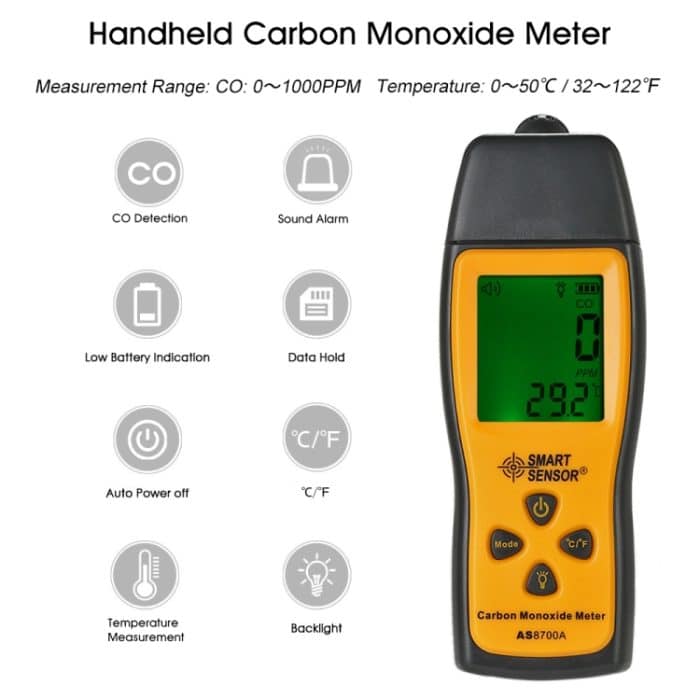 Smart Sensor AS8700A Handheld-Kohlenmonoxid-Meter hoher Präzision digitaler CO-Leck-Detektor-Analysator, Schalllichtalarm, Reichweite: 0-1000 ppm – Bild 4