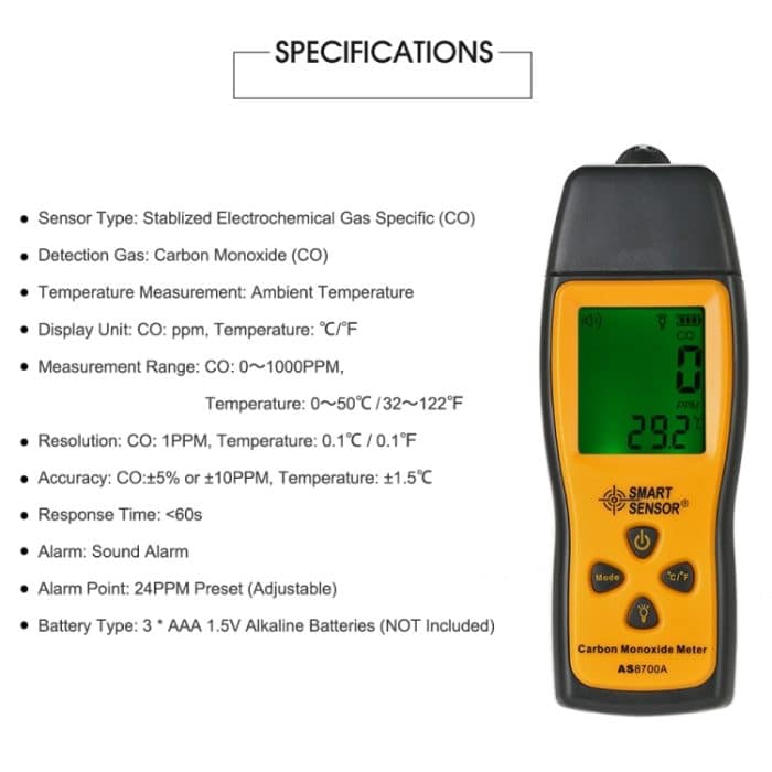 Smart Sensor AS8700A Handheld-Kohlenmonoxid-Meter hoher Präzision digitaler CO-Leck-Detektor-Analysator, Schalllichtalarm, Reichweite: 0-1000 ppm – Bild 6