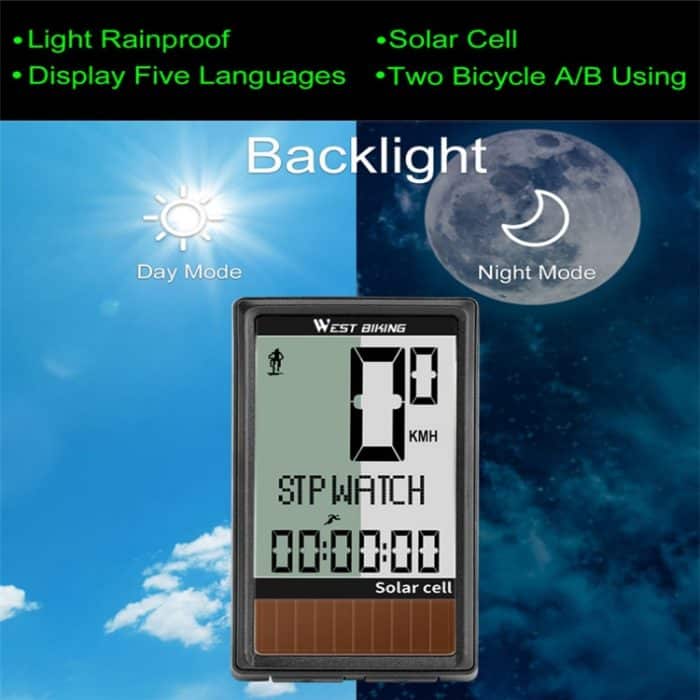 WEST BIKING Wireless Solar Code Tisch Mountain Rennrad Große Zeichen Code Tabelle Fünf Sprachen Wasserdichter Tachometer – Bild 6