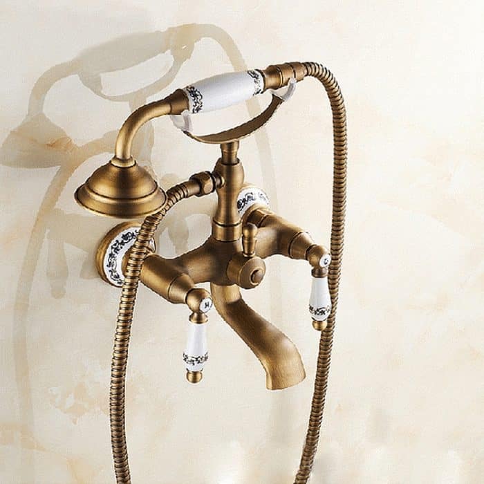 Antiker Messing-Badezimmer-Wannenhahn zur Wandmontage, zwei Keramikgriffe, Handbrause im Telefonstil, Blue and White Telephone Shower, Telephone Shower + Fixed Seat, Telephone Shower + Blue and White Fixed Seat – Bild 1