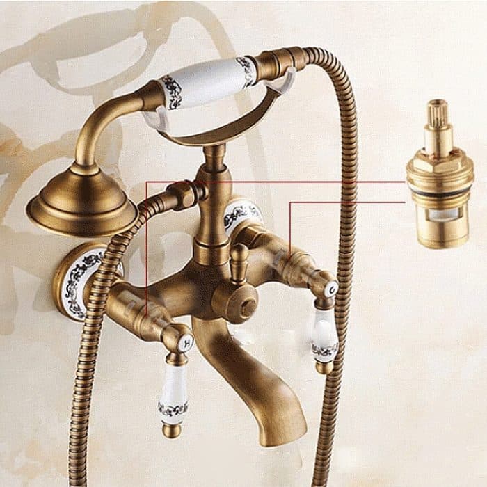 Antiker Messing-Badezimmer-Wannenhahn zur Wandmontage, zwei Keramikgriffe, Handbrause im Telefonstil, Blue and White Telephone Shower, Telephone Shower + Fixed Seat, Telephone Shower + Blue and White Fixed Seat – Bild 11