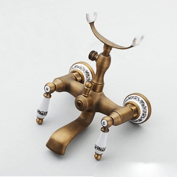 Antiker Messing-Badezimmer-Wannenhahn zur Wandmontage, zwei Keramikgriffe, Handbrause im Telefonstil, Blue and White Telephone Shower, Telephone Shower + Fixed Seat, Telephone Shower + Blue and White Fixed Seat – Bild 5