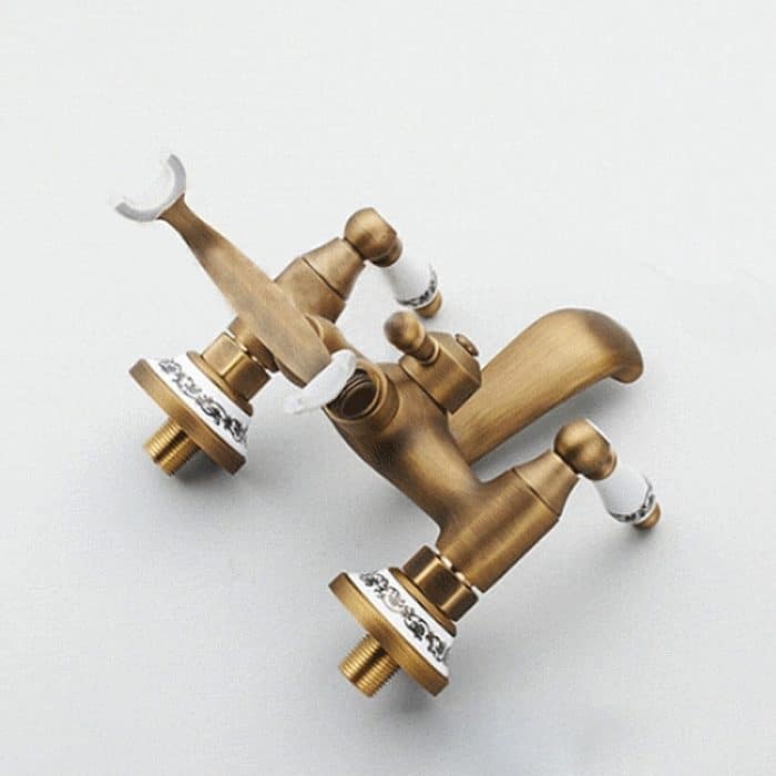 Antiker Messing-Badezimmer-Wannenhahn zur Wandmontage, zwei Keramikgriffe, Handbrause im Telefonstil, Blue and White Telephone Shower, Telephone Shower + Fixed Seat, Telephone Shower + Blue and White Fixed Seat – Bild 6