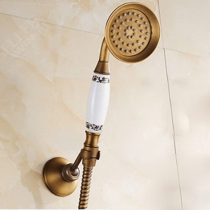 Antiker Messing-Badezimmer-Wannenhahn zur Wandmontage, zwei Keramikgriffe, Handbrause im Telefonstil, Blue and White Telephone Shower, Telephone Shower + Fixed Seat, Telephone Shower + Blue and White Fixed Seat – Bild 9