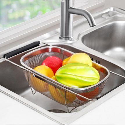 2 PCS Edelstahl Foldingf Filter Küche Werkzeuge Entwässerung Haushalt Versenkbare Gemüse Obst Korb, 24x34x11cm, 18x27x11cm