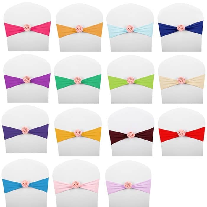 Stuhlschärpen, Schleifen, Dekor, elastische Spandex-Stuhlschärpe mit rosa Blume, Stretch-Stuhlband, Hochzeitsdekoration – Bild 2
