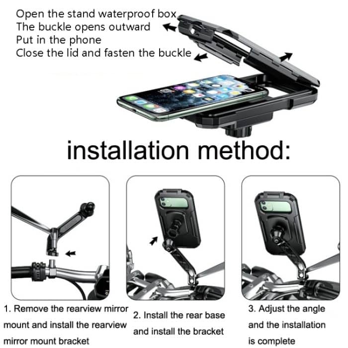 Kewig Fahrrad- und Motorrad-Rückspiegel, wasserdichte Box, Touchscreen-Handyhalterung, Small Rearview Mirror Installation, Large Rearview Mirror Installation – Bild 5