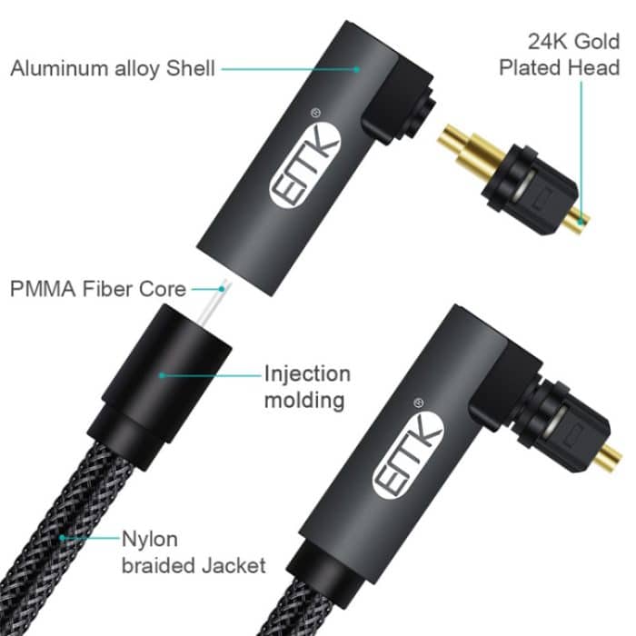 EMK 90 Grad drehbar, verstellbar, rechtwinklig, 360 Grad drehbar, Stecker, Nylongewebe, optisches Audiokabel, 1m(Black), 1.5m(Black), 2m(Black), 3m(Black), 5m(Black), 8m(Black), 10m(Black), 15m(Black), 20m(Black), 25m(Black), 30m(Black) – Bild 3