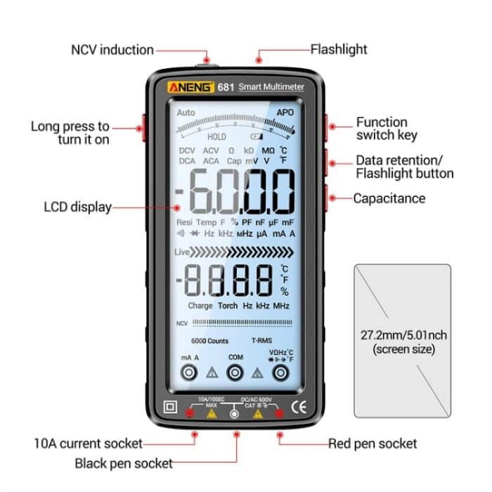 ANENG 681 LCD-Digitalanzeige, intelligenter automatischer Bereich, wiederaufladbares Multimeter, 681 Red, 681 Black – Bild 4