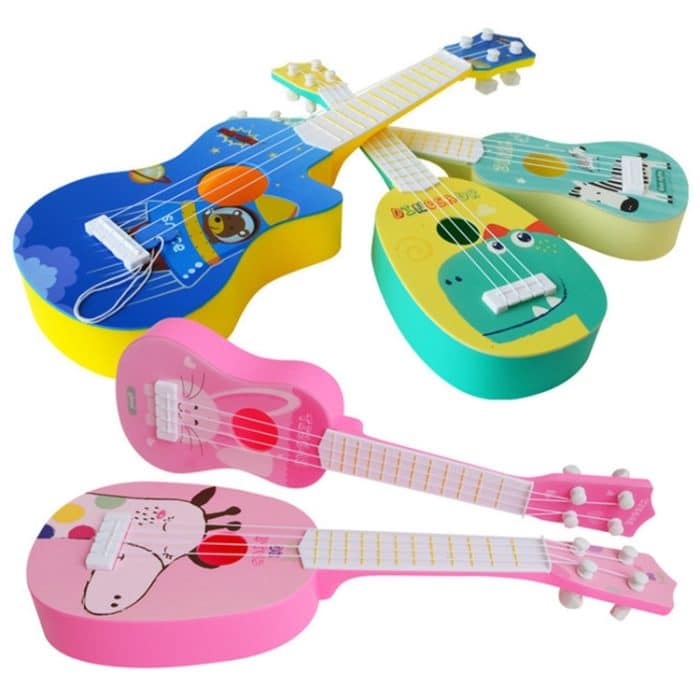 Kleines Simulationsmusikinstrument Mini vier Saiten spielbare Ukulele Frühkindliche Bildung Musikspielzeug, Pink Rabbit, Light Blue Zebra, Pink Giraffe, Yellow Dinosaur, Blue Bear – Bild 4