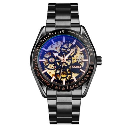 SKMEI 9194 Herren-Armbanduhr mit automatischem Skelett und mechanischem Stahlband, Black, Silver, Golden Black Face, Rose Gold, Golden Gold Face