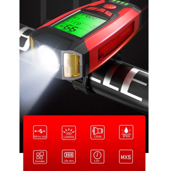 Frontlicht (mit Nebellicht) & Hupe & Tachometer Multifunktionaler Fahrrad-Mountainbike-Scheinwerfer – Bild 3