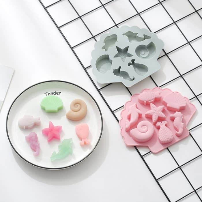 6 Stück 3D kreative Ozean-Organismus-förmige Silikon-Kuchenform zum Backen von Schokolade und Eiswürfeln, Ocean Organism Shape(Blue), Ocean Organism Shape(Pink) – Bild 4