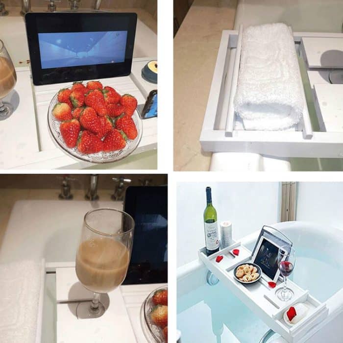 Bambus Badewanne Rack Einziehbare Badewanne Tablett Multifunktions-Einweichhalterung – Bild 4