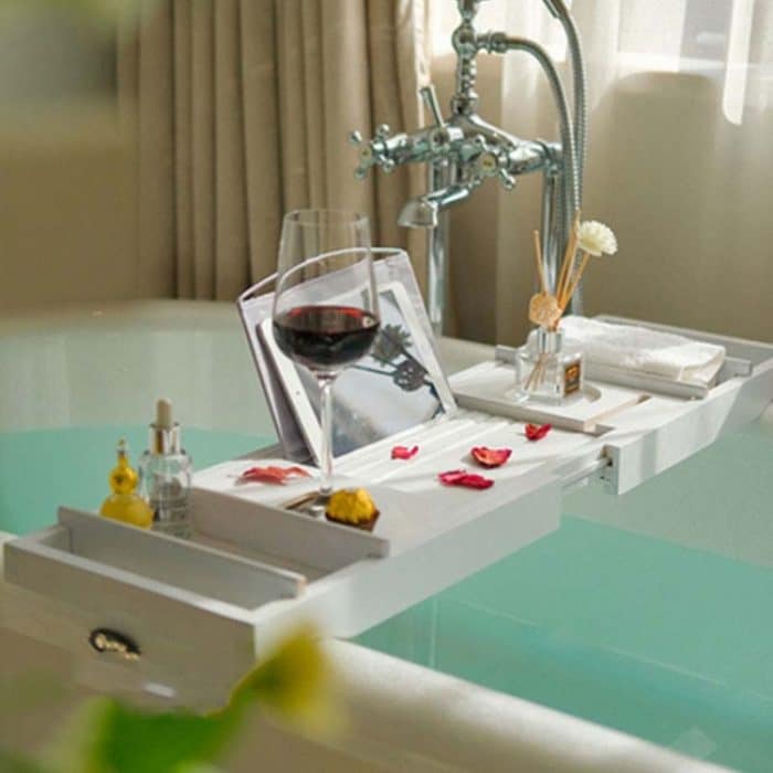 Bambus Badewanne Rack Einziehbare Badewanne Tablett Multifunktions-Einweichhalterung – Bild 5