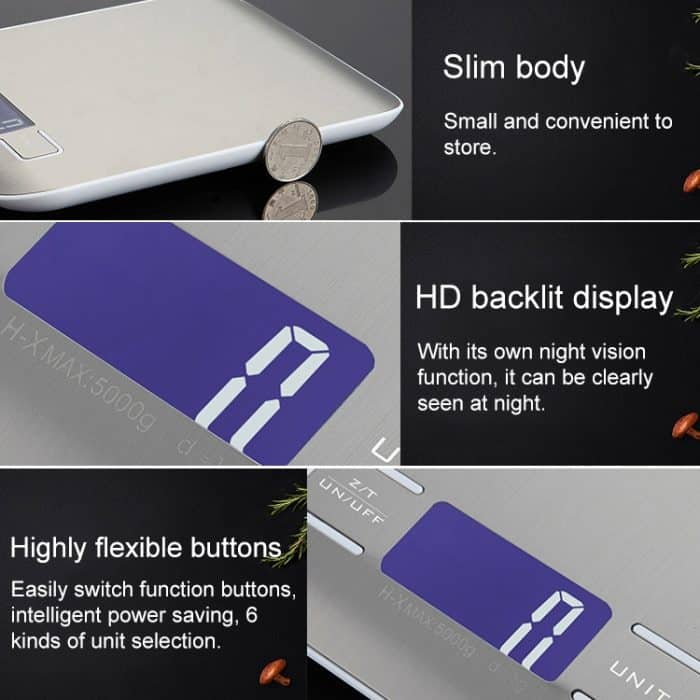 Digitale Multifunktions-Küchenwaage aus Edelstahl mit LCD-Display, 5kg/1g, Rose Gold, 5kg/1g, Silver – Bild 4