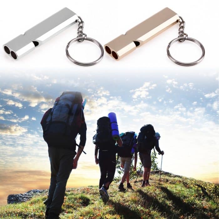 Mini Tragbare 120 db Doppel Rohr Hohe Dezibel Outdoor Camping Wandern Überleben Pfeife Doppel-frequenz Notfall Pfeife Schlüsselanhänger, 3 PCS Silver, 3 PCS Gold – Bild 4