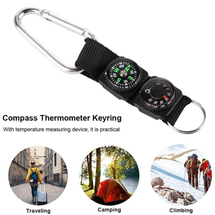 3 in 1 Camping Klettern Wandern Mini Carabiner mit Schlüsselbund Kompass Thermometer Kleiderbügel Schlüsselring Schwarz – Bild 5