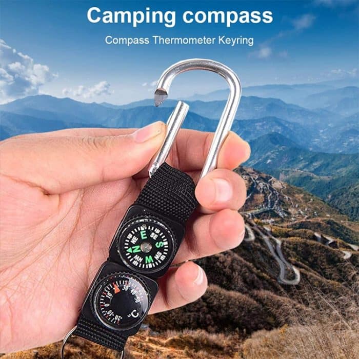 3 in 1 Camping Klettern Wandern Mini Carabiner mit Schlüsselbund Kompass Thermometer Kleiderbügel Schlüsselring Schwarz – Bild 6