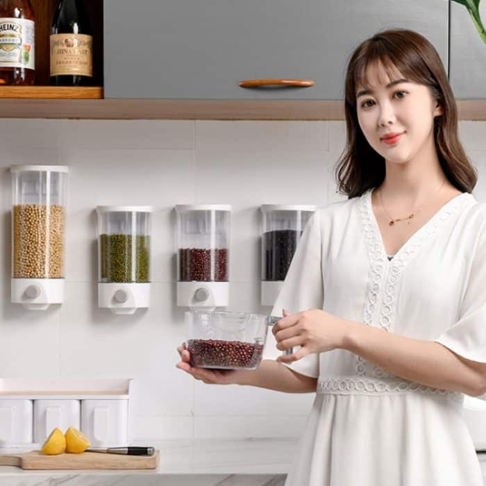 An der Wand montierter Aufbewahrungsbehälter für verschiedene Getreidesorten. Großvolumiger, versiegelter Push-Typ-Tank für die Küche, Medium, Large – Bild 7