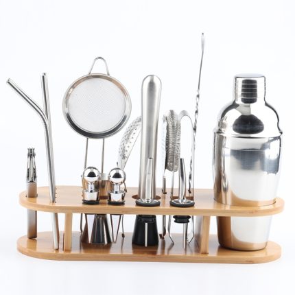 18-in-1 Cocktail-Shaker-Set aus Edelstahl, ovaler Bambusboden, Bar-Werkzeug-Set, 350ml, 550ml, 750ml
