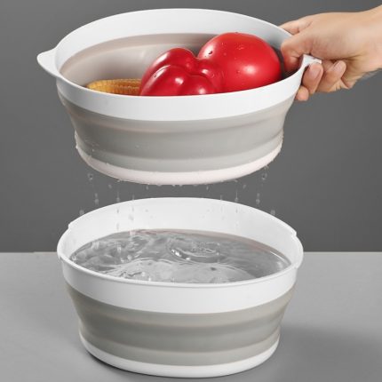 2 Sets doppellagiger faltbarer Abfluss-Waschkorb, Küchen-Aufbewahrungskorb für frisches Obst und Gemüse, Small (Grey), Large (Grey)