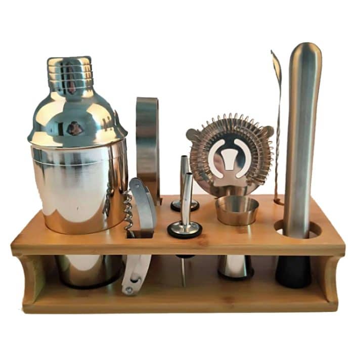 10-in-1 Edelstahl-Shaker-Bambus-Ständer-Set, Schrägmund-Bar, Cocktail-Barkeeper-Werkzeug, 350ml, 550ml, 750ml – Bild 1
