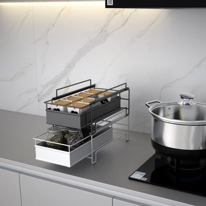 Gewürzregale für die Küchenarbeitsplatte unter der Spüle können mit einem mehrschichtigen ausziehbaren Aufbewahrungsregal aus Schmiedeeisen gestapelt werden – Bild 2