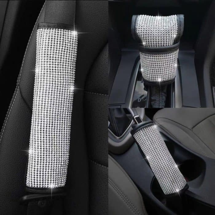2 Stück mit Diamanten besetzte Auto-Innenraumprodukte, personalisierte Schutzhülle, Shoulder Guard, Handbrake Cover, Gear Cover, Parking Space Pull Cover – Bild 4