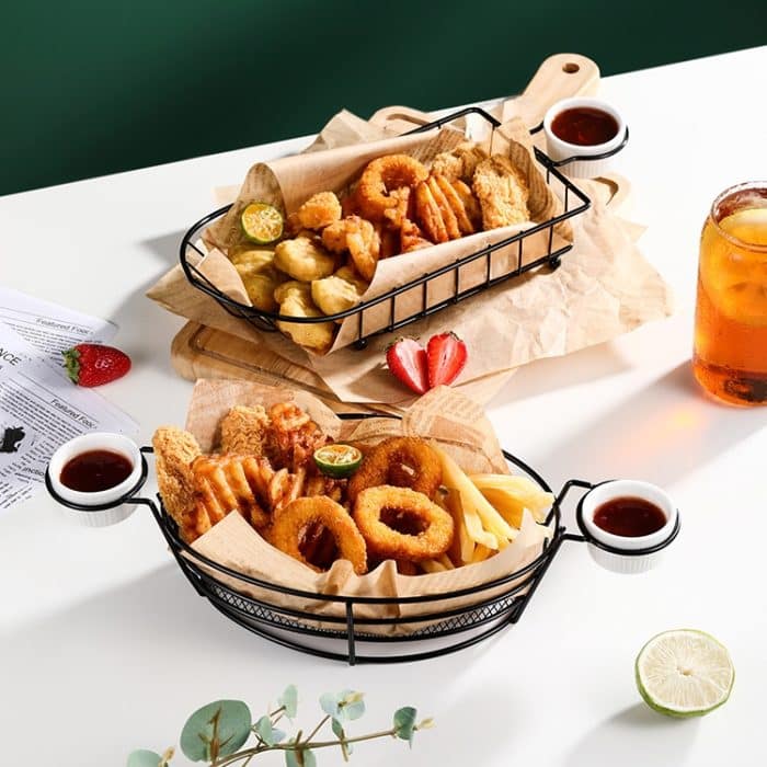 Tragbarer Aufbewahrungskorb für Früchte aus Schmiedeeisen, tragbarer Korb für Brot, Pommes frites, gebratene Snacks, Double Cup Egg-shaped, Double Cup Round, Single Cup Boat, Square Short Basket, Rectangular Short Basket, Large Round Wire... – Bild 4