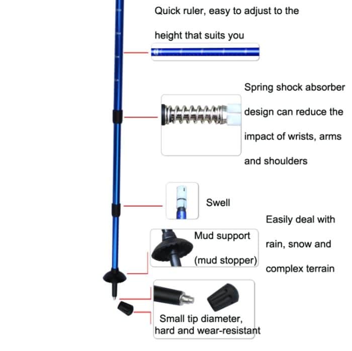 JUNGLELEOPARD Trekkingstock mit vier Abschnitten und gebogenem Griff aus Aluminiumlegierung, Red#52-110cm, Black#52-110cm, Blue#52-110cm, Silver White#52-110cm – Bild 5