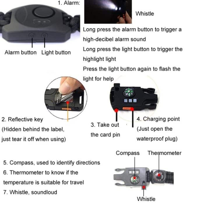 Multifunktional geflochtene Regenschirm Seiluhr Alarm Armband Outdoor Survival Armband – Bild 4