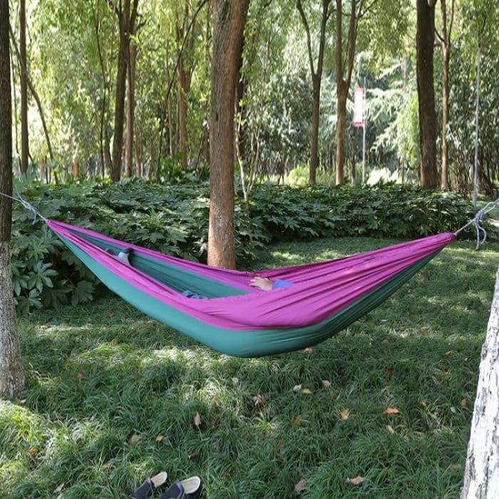 DR001 Outdoor-Einzel-Freizeit-Fallschirmtuch-Hängematte, Innenschaukel, 230x90cm Purple, 230x90cm Green – Bild 5