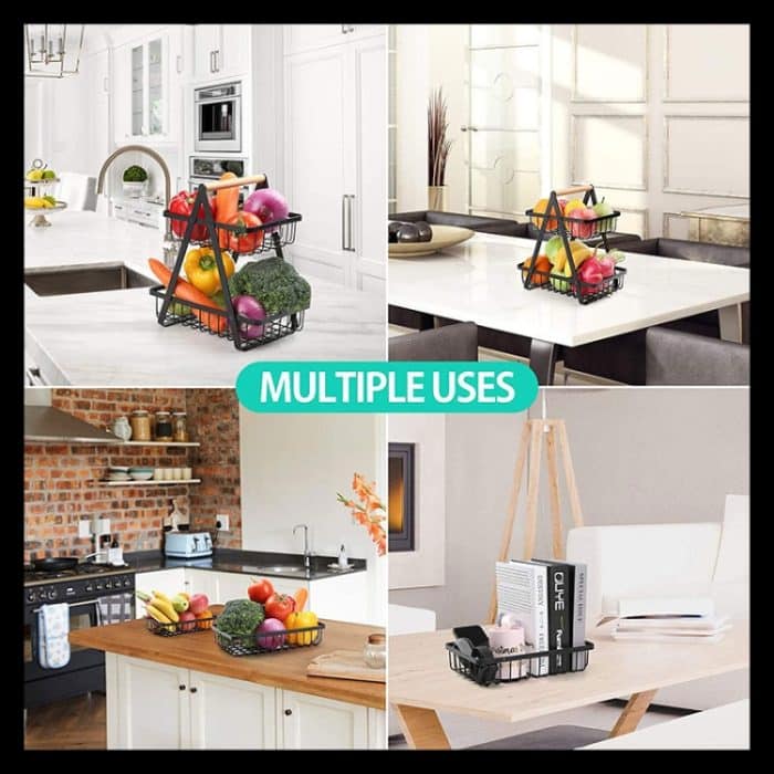 Doppelschichtiger tragbarer Schmiedeeisenkorb, faltbarer Küchenaufbewahrungskorb, Regal, Obstkorb, Double-Layer (White), Double-Layer (Black) – Bild 6