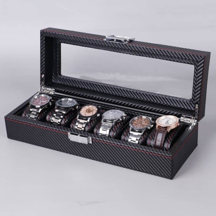 TBD0590007901.jpg Kohlefaser-PU-Leder-Uhrenbox, Schmuck-Aufbewahrungsbox, Verpackungsbox, Stil:, 6 Watch Positions, 10 Watch Positions, 12 Watch Positions, 05 Watch Positions, 6 + 3 Red Black, Double-layer – Bild 1