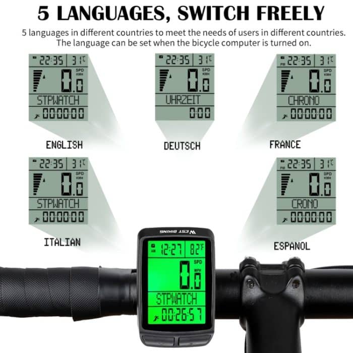 WEST BIKING 5 Sprachen Fahrrad Wasserdichte Hintergrundbeleuchtung Multifunktions Drahtloser Kilometerzähler Tachometer, 5 Languages – Bild 4