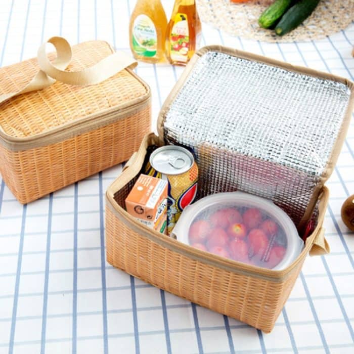 Tragbare isolierte thermische Brotdose Leinwand Imitation Rattan Lunch Bag Picknick Container – Bild 4
