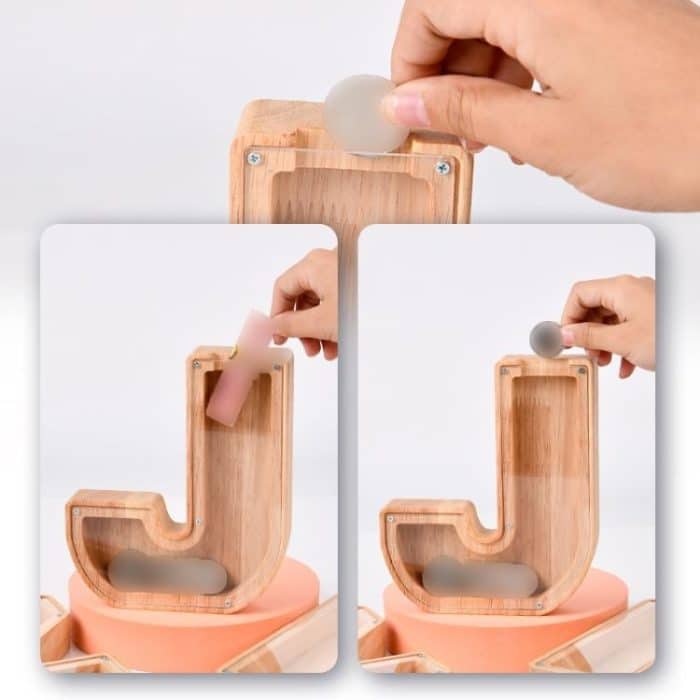 Sparschwein aus Holz mit englischem Alphabet, transparentes Acryl-Sparschwein – Bild 6