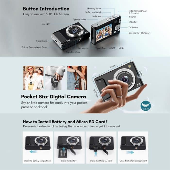 DC308 2,8-Zoll 4K HD Front- und Rück-Doppelkamera 16-fach Zoom Digitalkamera, US Plug, EU Plug, UK Plug, AU Plug – Bild 2