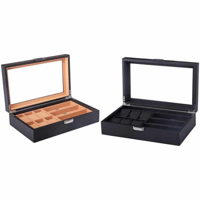 6+3 PU-Uhren-Brillenetui, Kohlefaser-PU-Haut-Uhrenbox, Sonnenbrillen-Box, 6 + 3 Brown, 6 + 3 Black – Bild 2