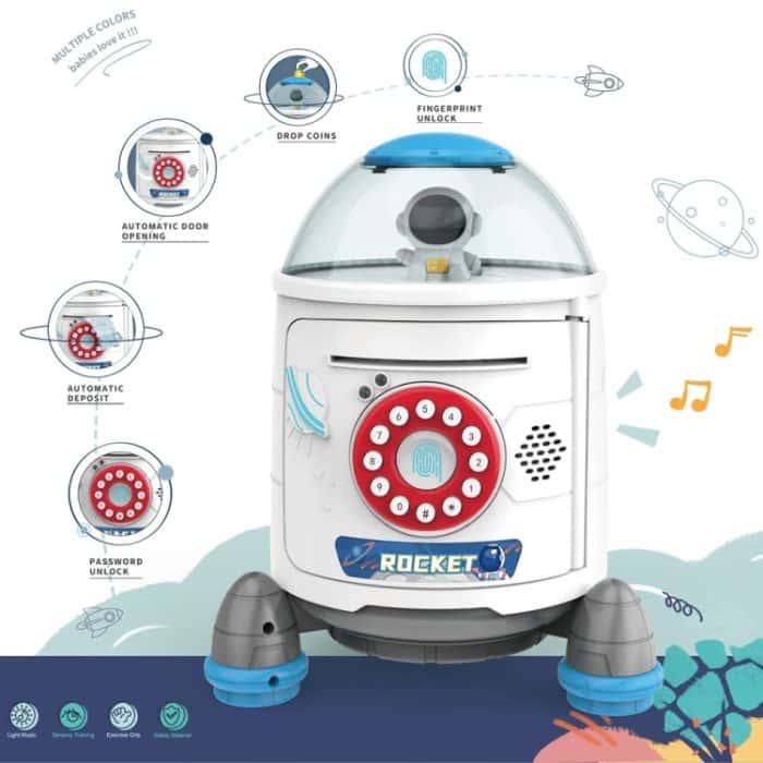 Fingerabdruck-Passwort-Raketen-Sparschwein-Spielzeug, White, Blue, Red – Bild 3