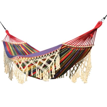 200x150cm doppelte Outdoor-Camping-Quasten-Segeltuch-Hängematte mit Stock, Colorful Stripes, Pink Stripes, White