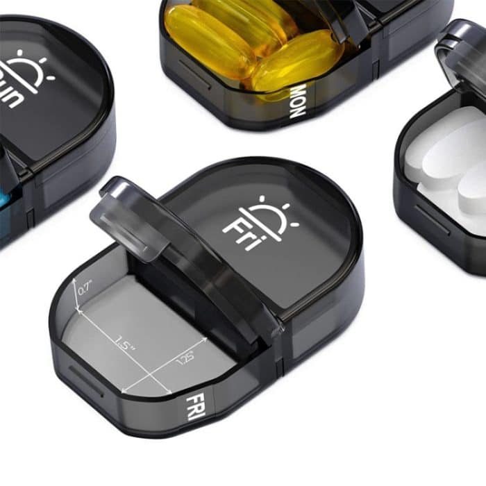 Medikamentenbox mit 14 Fächern, Kunststoff, zweireihig, Ledertasche, Pillendose – Bild 6